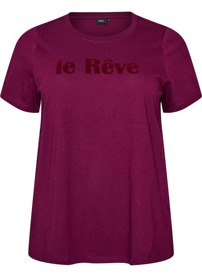 T-shirt i ekologisk bomull med velourtext, Lila, Packshot image number 0