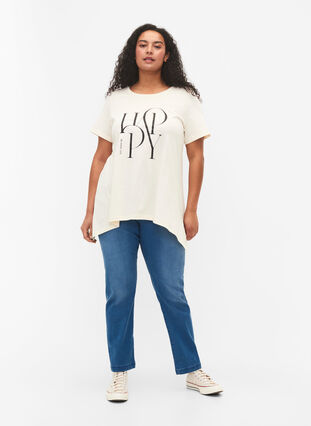 T-shirt i bomull med texttryck, Buttercream HAPPY, Model image number 2