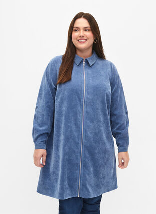 Sammetsklänning med dragkedja och 3/4-ärmar, Moonlight Blue, Model image number 0