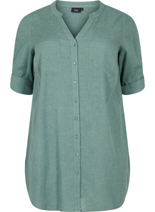 Lång skjorta med 3/4-ärmar och v-ringning, Balsam Green, Packshot image number 0