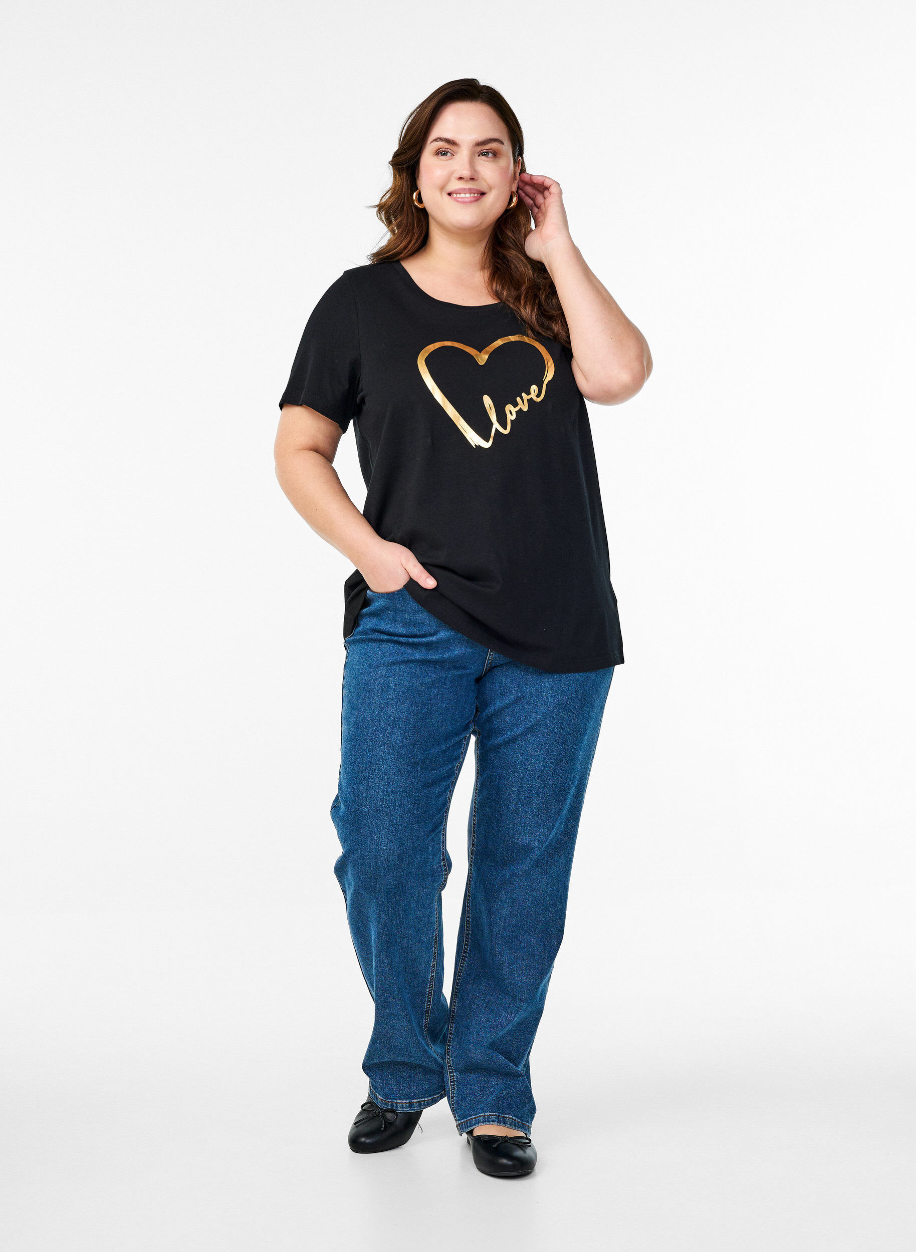 Zizzi T-shirt i bomull med motiv, Black w. Gold Love, Model image number 2