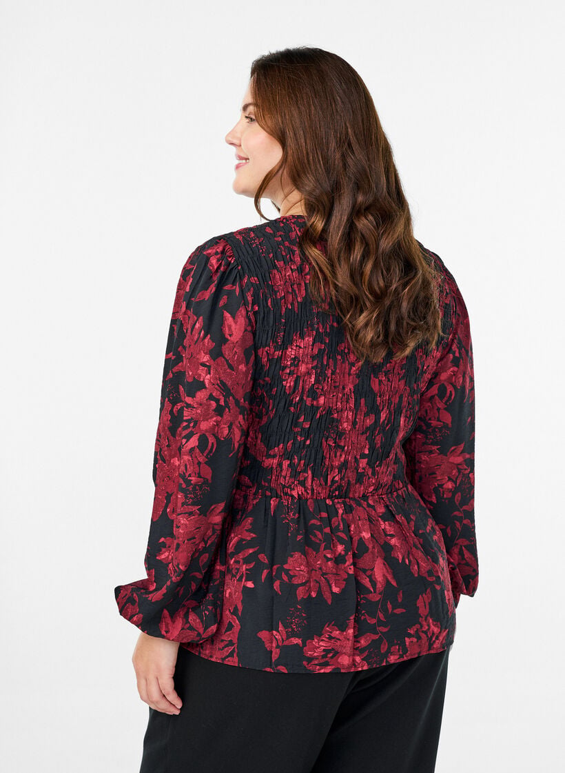 Blus med smock och l&aring;nga &auml;rmar, Svart, Model image number 2