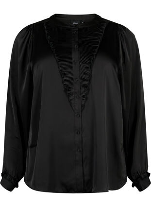 Skjortblus i satäng med volang, Black, Packshot image number 0