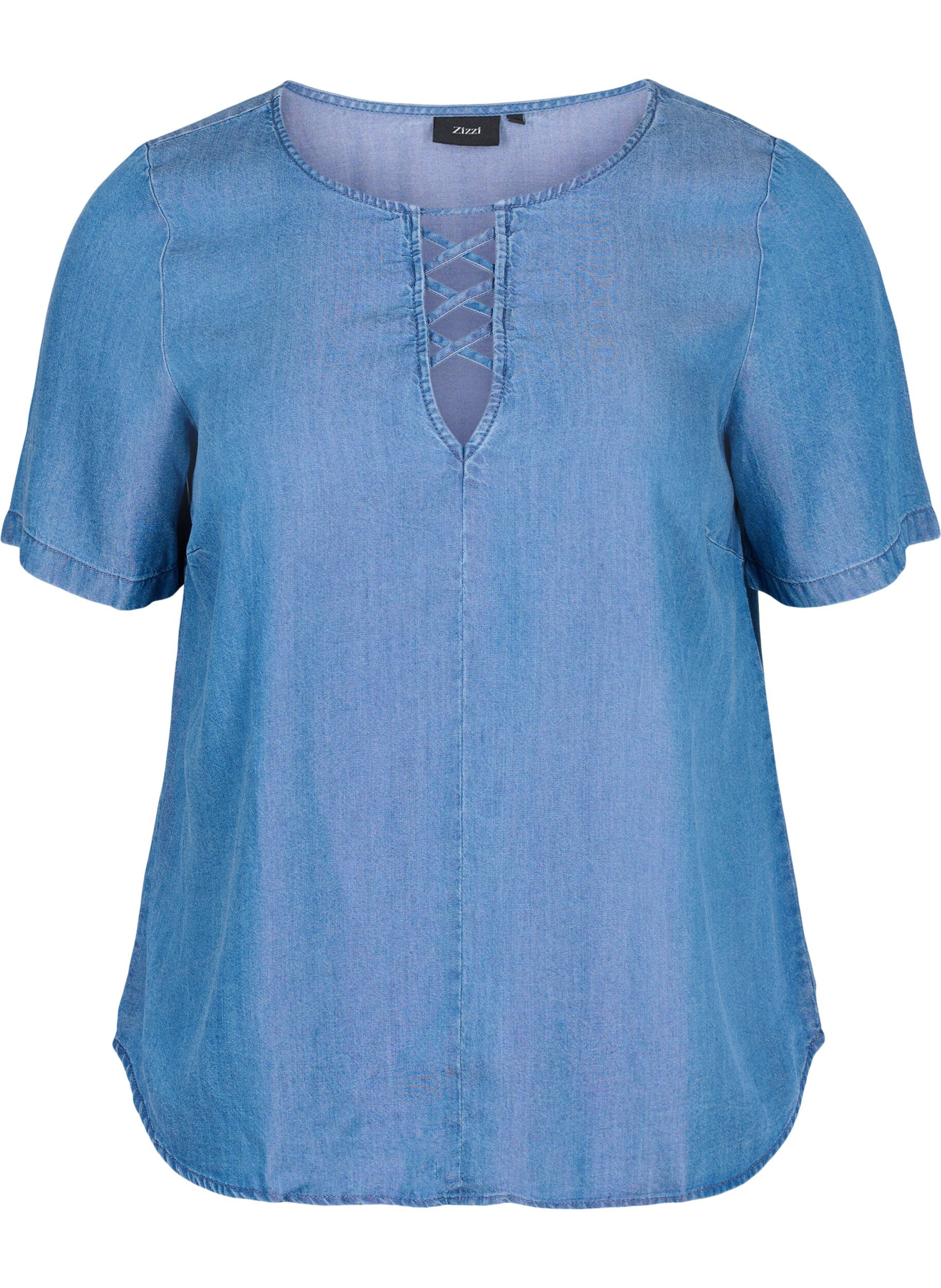 Zizzi Kort&auml;rmad blus i lyocell (TENCEL&trade;), Blue denim, Packshot image number 0