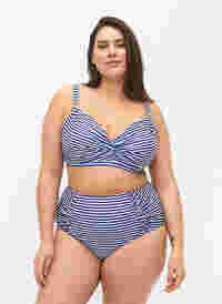 Blommig bikinitrosa med hög midja, Blue Striped, Model