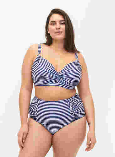 Blommig bikinitrosa med hög midja, Blue Striped, Model image number 0
