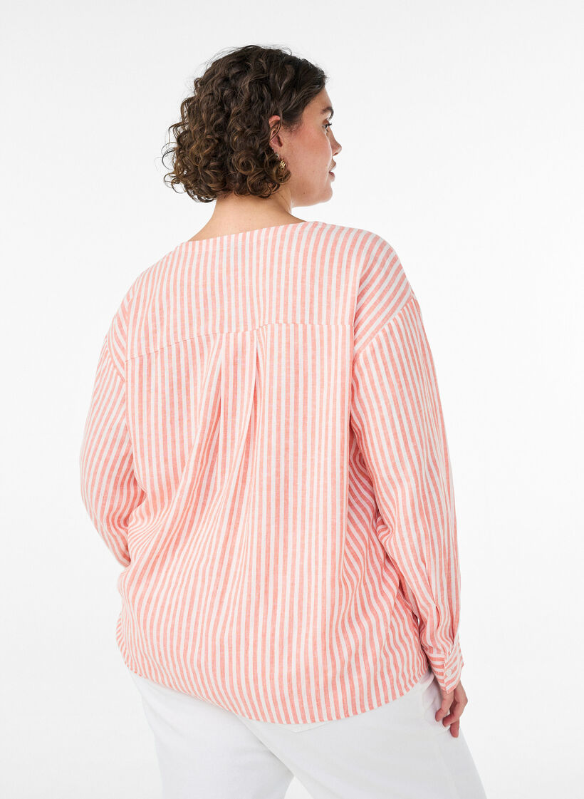 Blus i linne och viskos med v-ringning, Orange, Model image number 2