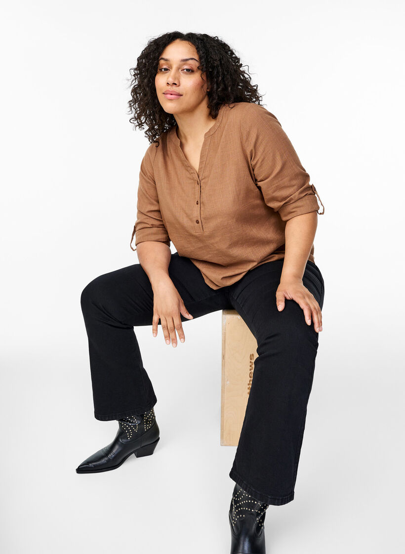 Skjortblus i bomull med v-ringning, Coca Mocha, Image image number 0