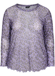 Blommig blus i mesh med kroppsnära passform, Purple AOP