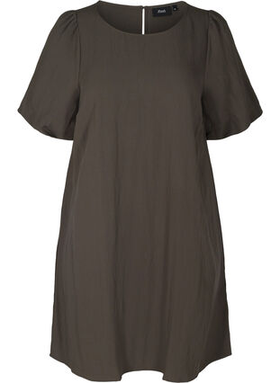 A-linjeformad viskosklänning med korta ärmar, Kaki, Packshot image number 0