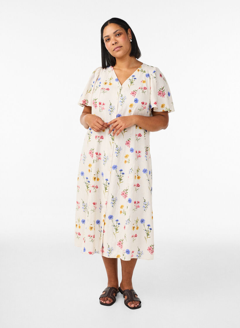 Midikl&auml;nning i linne och viskos med volang&auml;rmar, Beige, Model image number 0