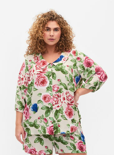 Blommig skjorta med 3/4-ärmar, Bright Flower, Model image number 0