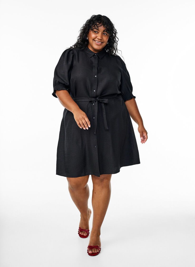 Knälång skjortklänning med knytskärp, Svart, Model image number 0