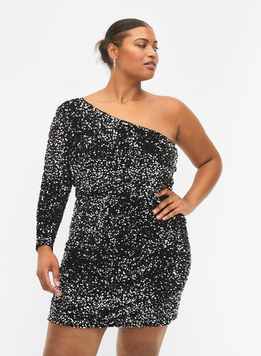 Kort one-shoulder klänning med paljetter, Black/Silver Sequins, Model image number 0