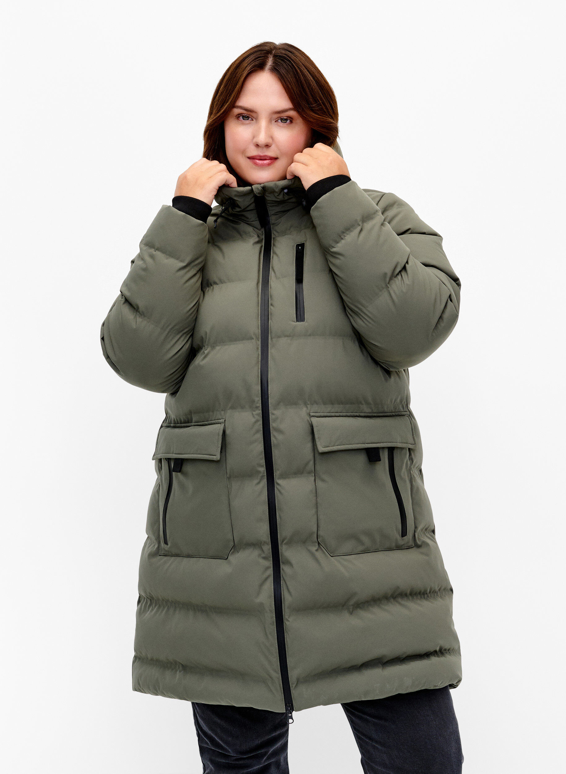 Pufferkappa med huva och fickor, Gr&ouml;n, Model