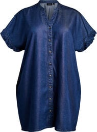 Kl&auml;nning i denimlook med knappar och volang&auml;rmar, Bl&aring;