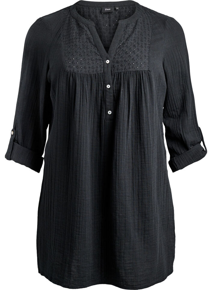 Tunika i bomullsmuslin med broderie anglaise, Svart, Packshot image number 0