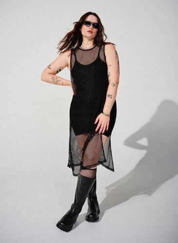 Ärmlös klänning i mesh med slits, Black, Image image number 0