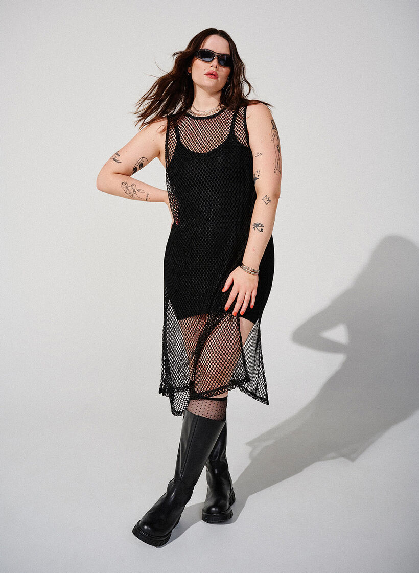 Ärmlös klänning i mesh med slits, Black, Image