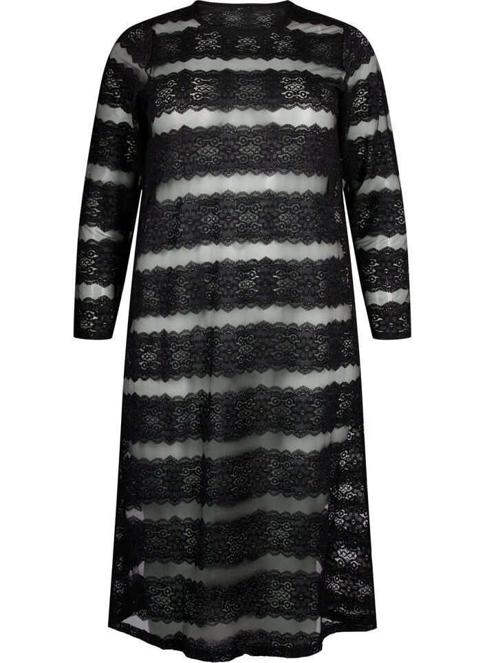 Midiklänning med spets och transparent mesh, Black, Packshot image number 0