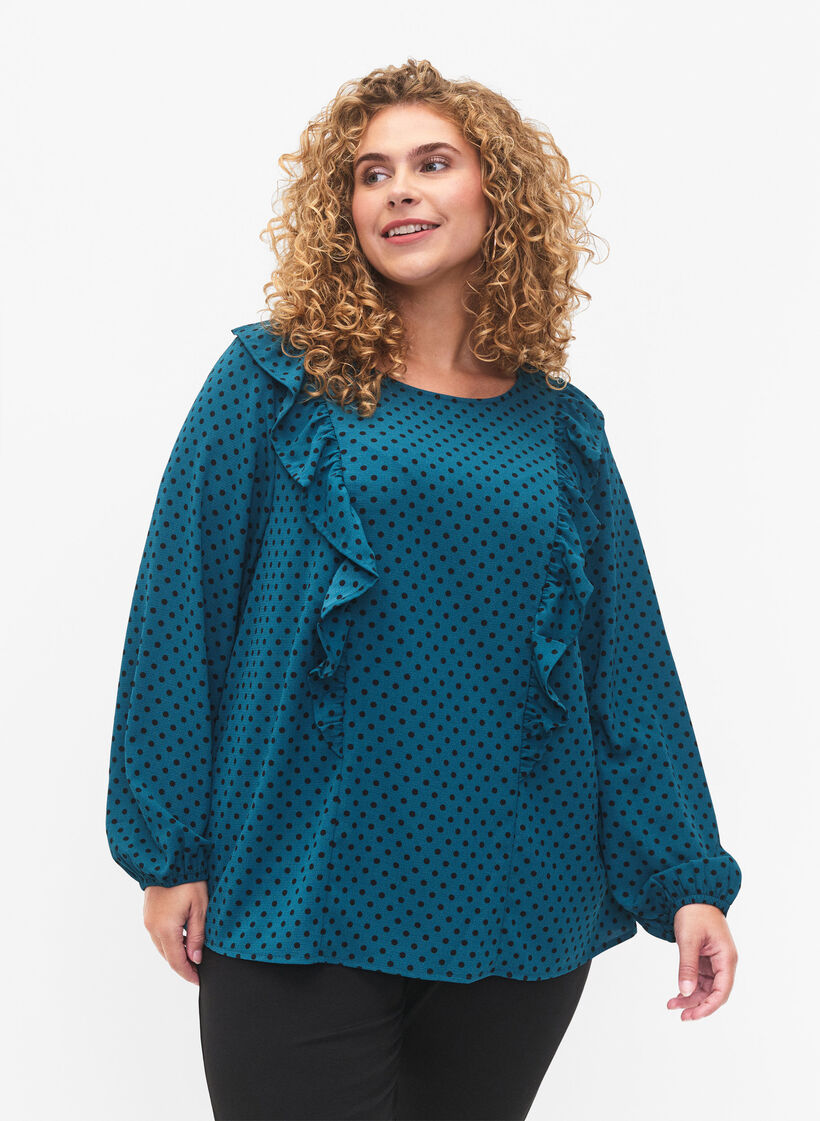 Långärmad blus med volanger, Shaded Spruce Dot, Model image number 0