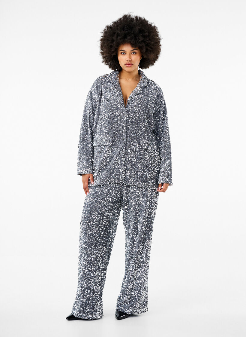 Paljettkavaj med fickor, Silver, Model image number 2