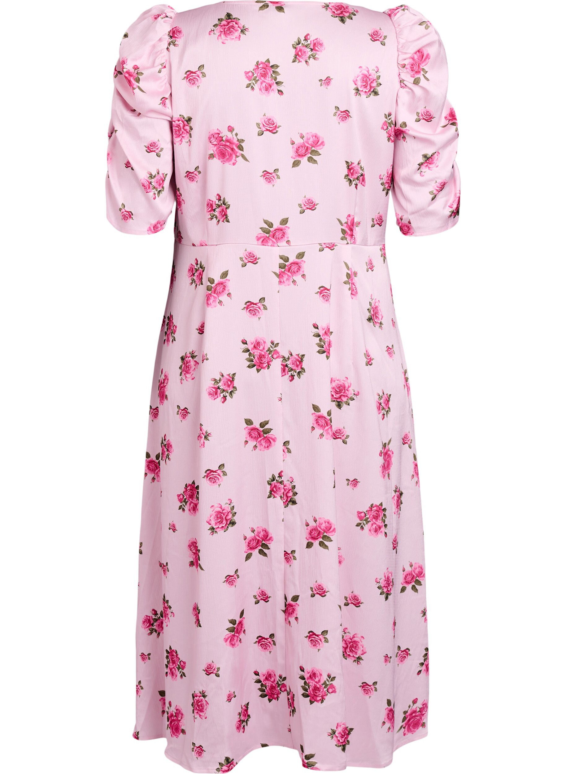 Zizzi Blommig midikl&auml;nning med puff&auml;rmar, Rosa, Packshot image number 1