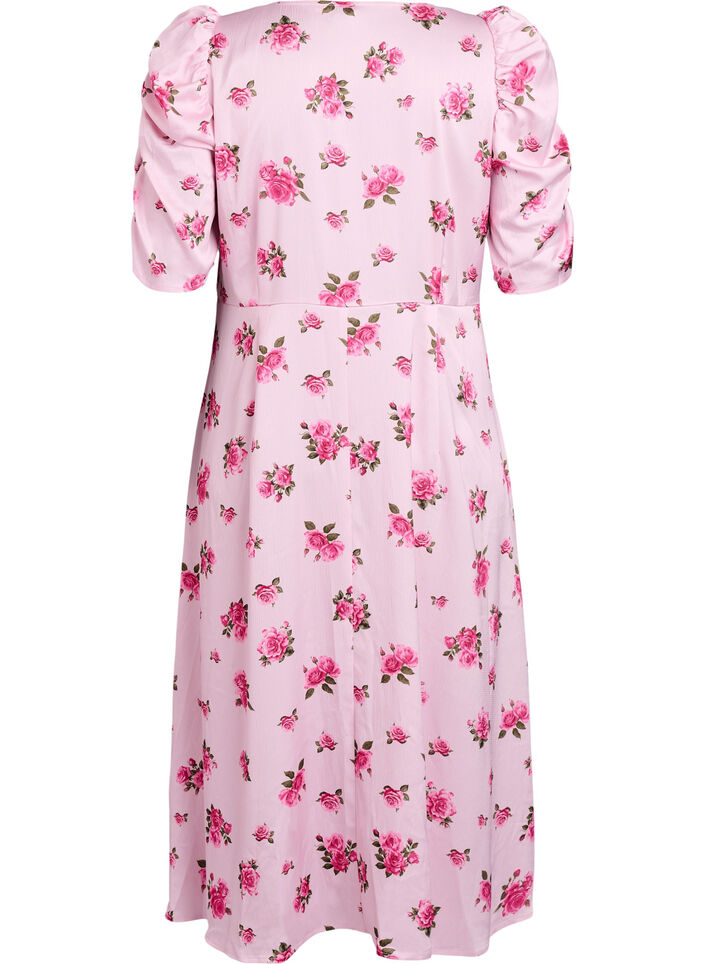 Blommig midikl&auml;nning med puff&auml;rmar, Rosa, Packshot image number 1