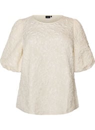 Blus i jacquard med puff&auml;rmar och a-linjeformad passform, Vanilla