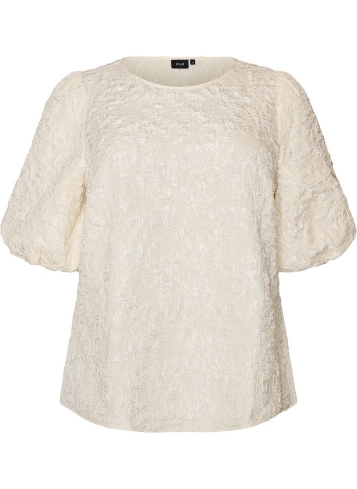 Blus i jacquard med puff&auml;rmar och a-linjeformad passform, Vanilla, Packshot image number 0
