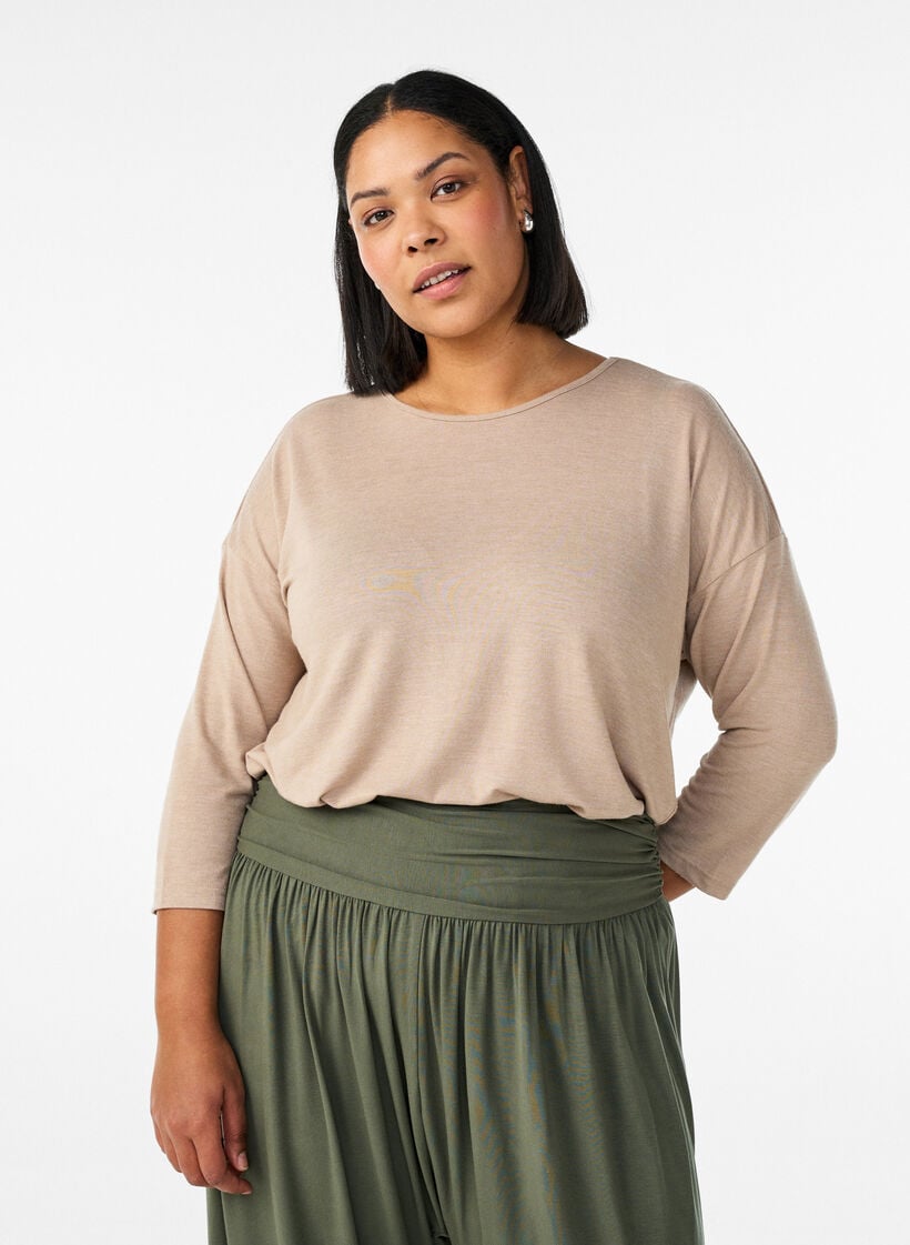 Jerseyblus med 3/4-&auml;rm, Beige, Model image number 0