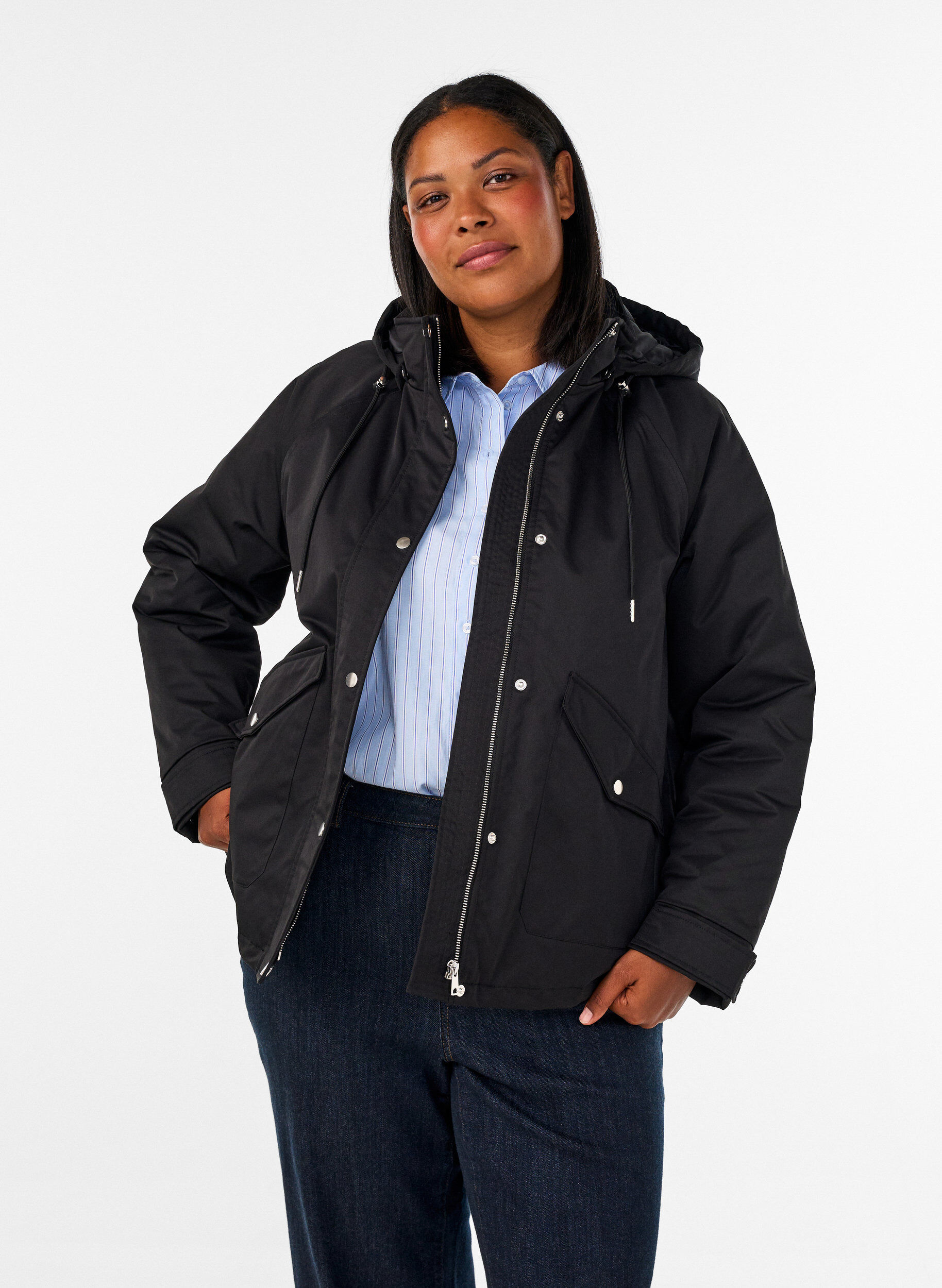 ZizziVadderad parkas med avtagbar huva, Svart, Model image number 0