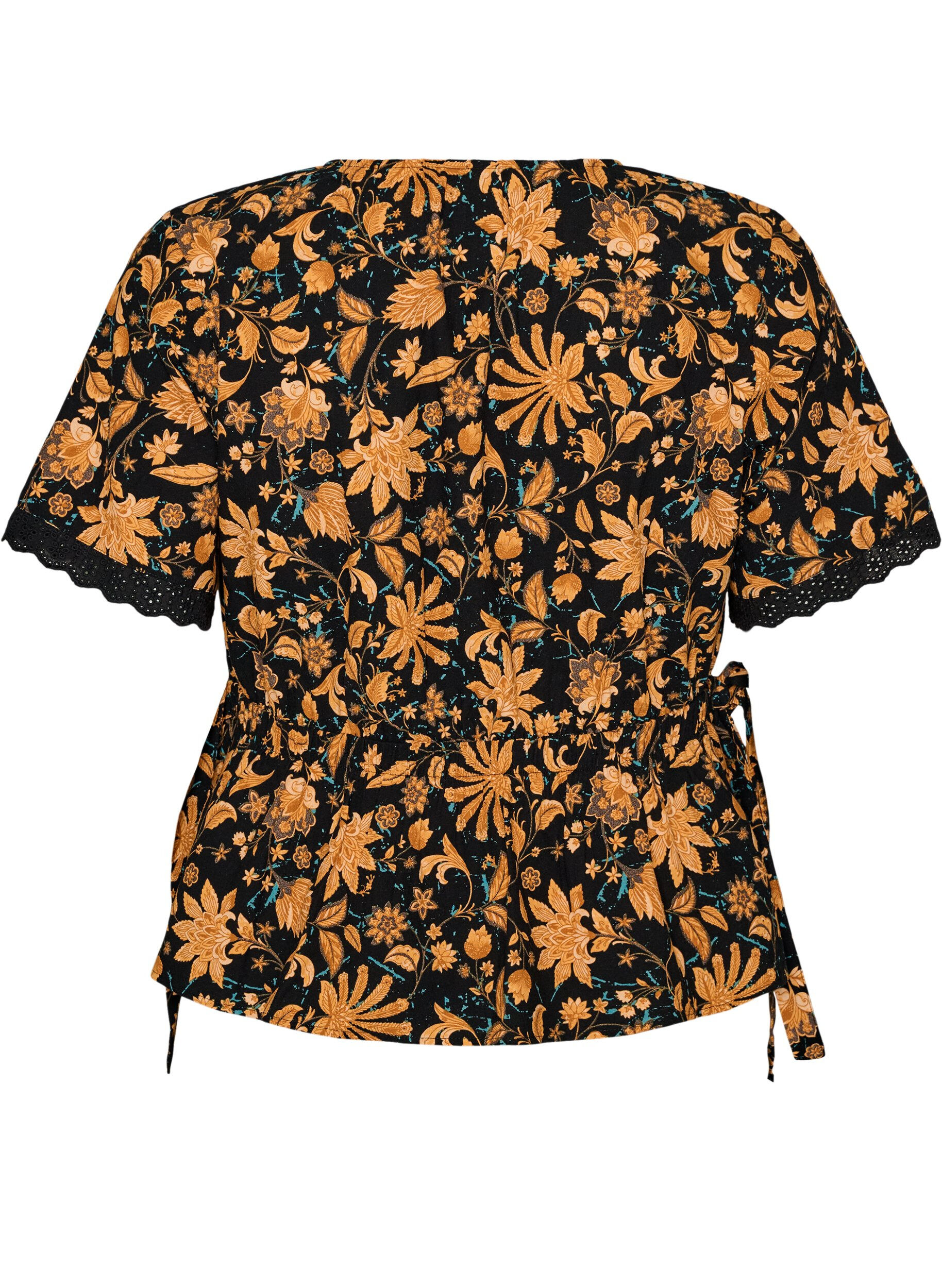 ZizziBlommig blus i bomull med knytning, Orange, Packshot image number 1