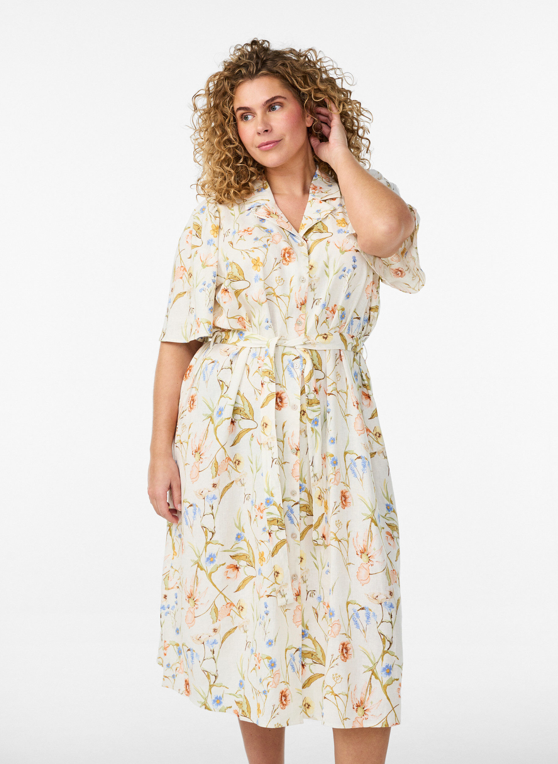 Zizzi Skjortkl&auml;nning i linne och viskos med ett knytsk&auml;rp, Vanilla, Model image number 0