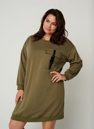 Sweatklänning med långa ärmar och ficka, Deep Lichen Green, Model image number 0