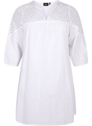 Klänning i bomullsblandning med linne och virkade detaljer, Bright White, Packshot image number 0