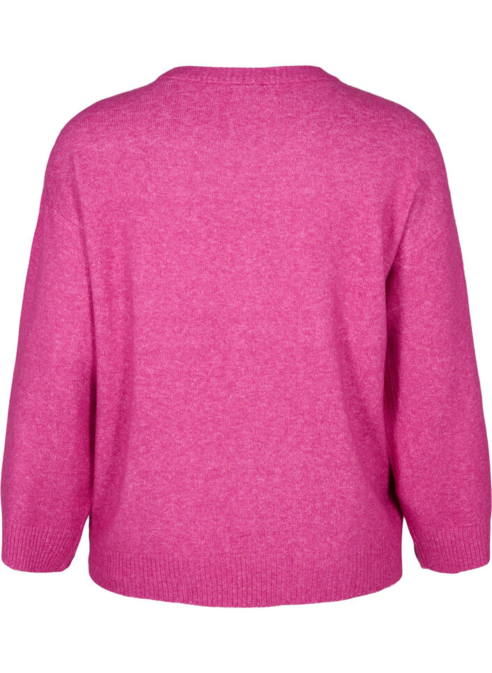 Stickad blus med rund halsringning och mittsöm, Fuchsia Red Mel., Packshot image number 1