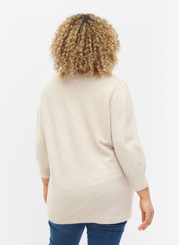 Melerad stickad tröja med 3/4-ärmar, Pumice Stone Mel., Model image number 1