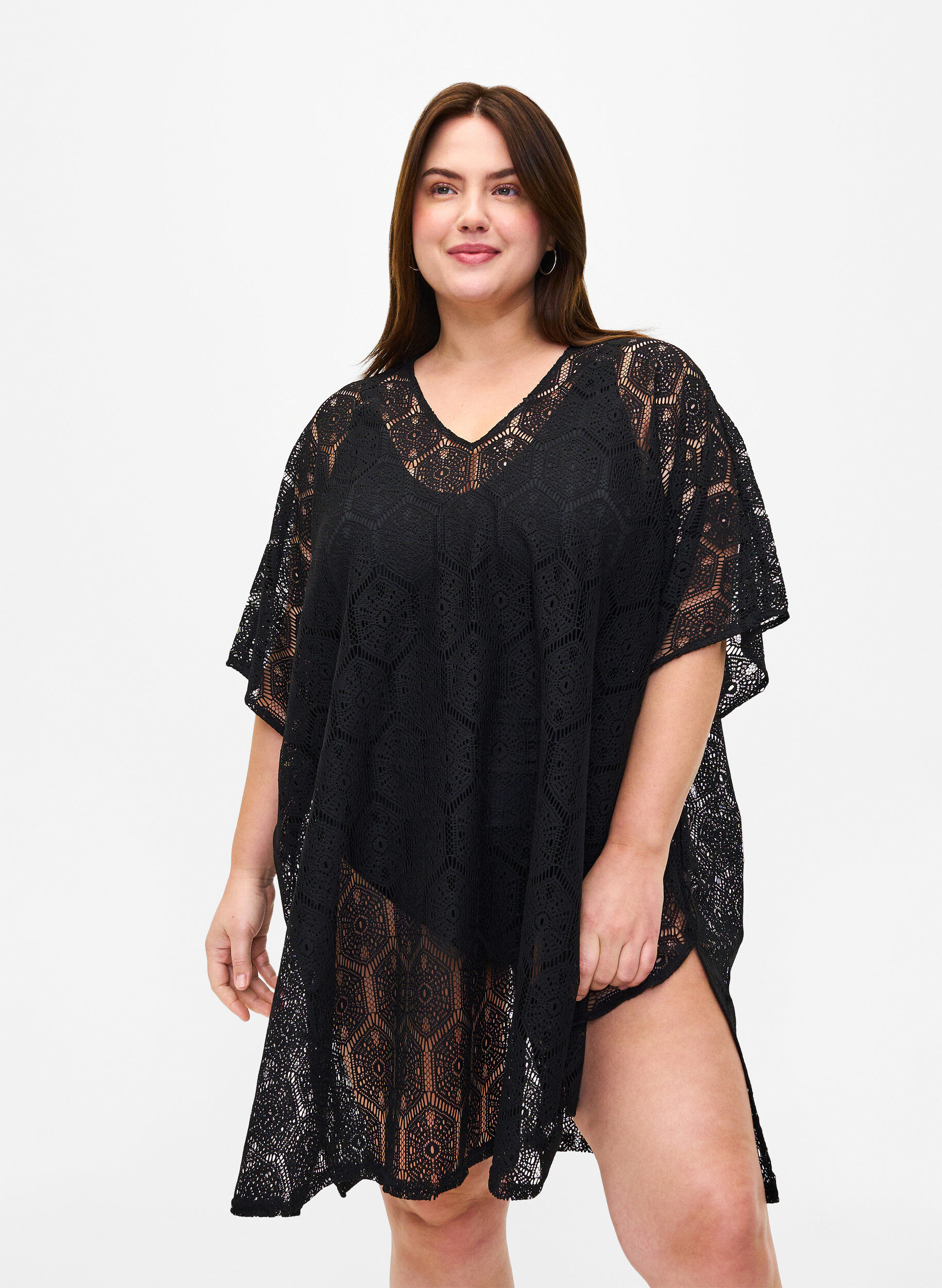 Zizzi Kaftan-strandkl&auml;nning med h&aring;lm&ouml;nster, Black, Model image number 0