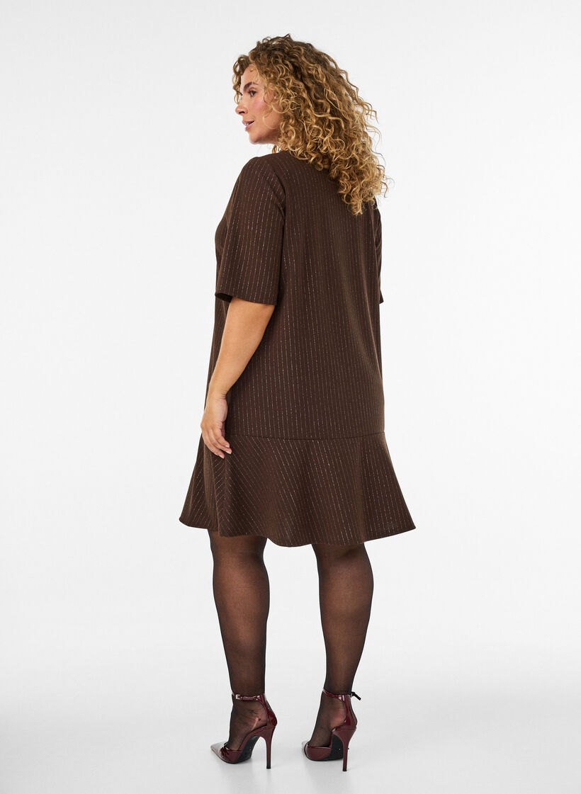 Kort A-linjeformad kl&auml;nning med glittriga r&auml;nder, Brun, Model image number 2