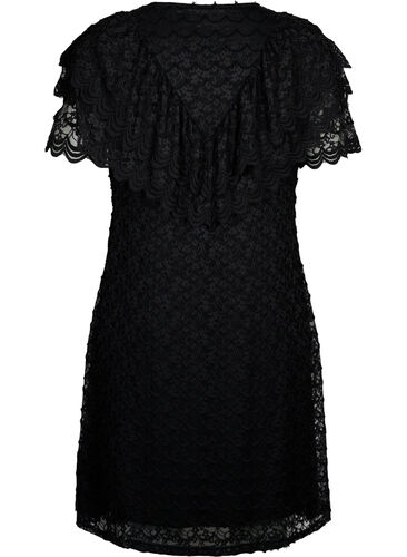 Kortärmad spetsklänning med breda volanger, Black, Packshot image number 1