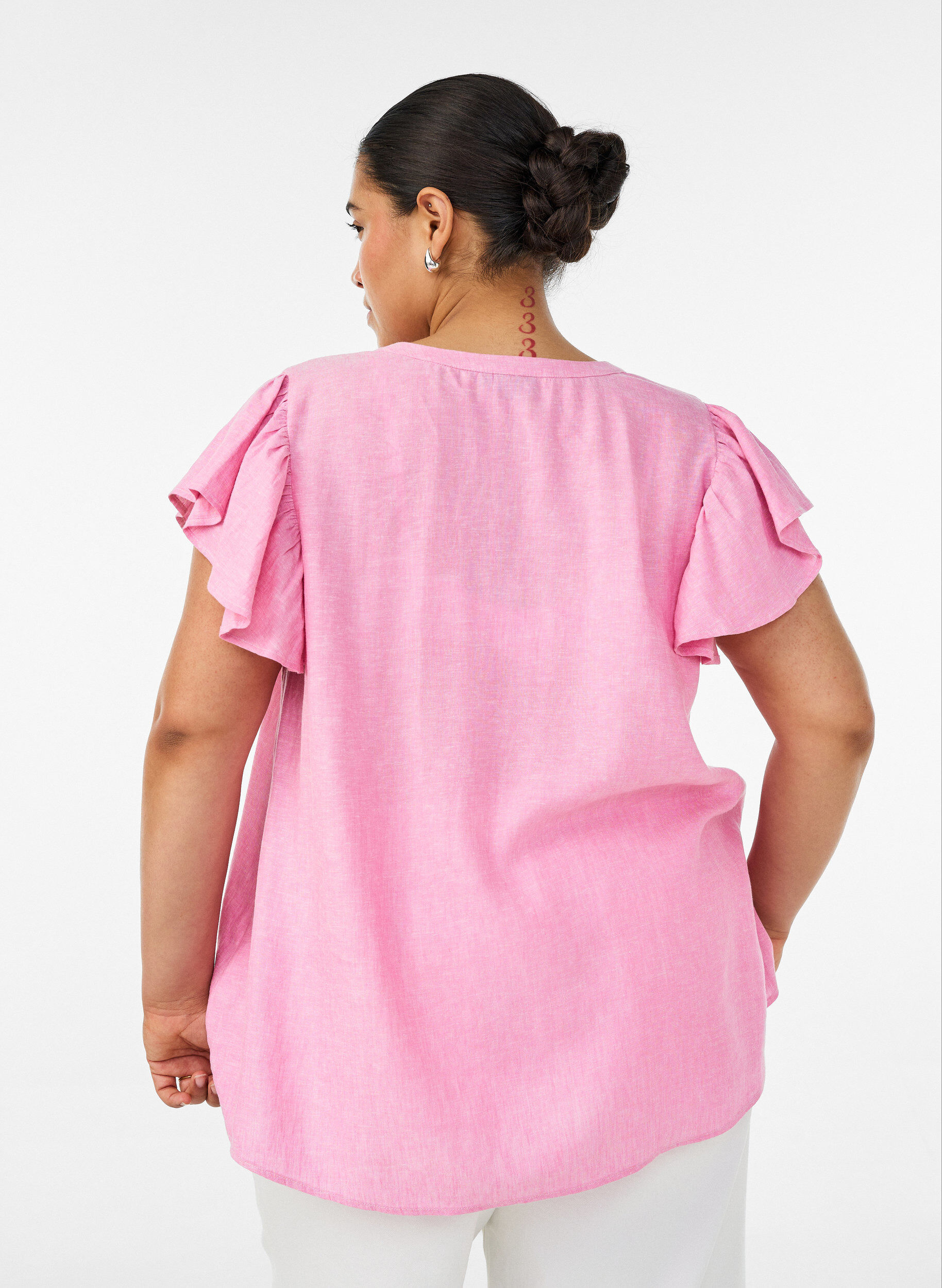 ZizziBlus i viskos och linne med volang&auml;rmar, Rosa, Model image number 2