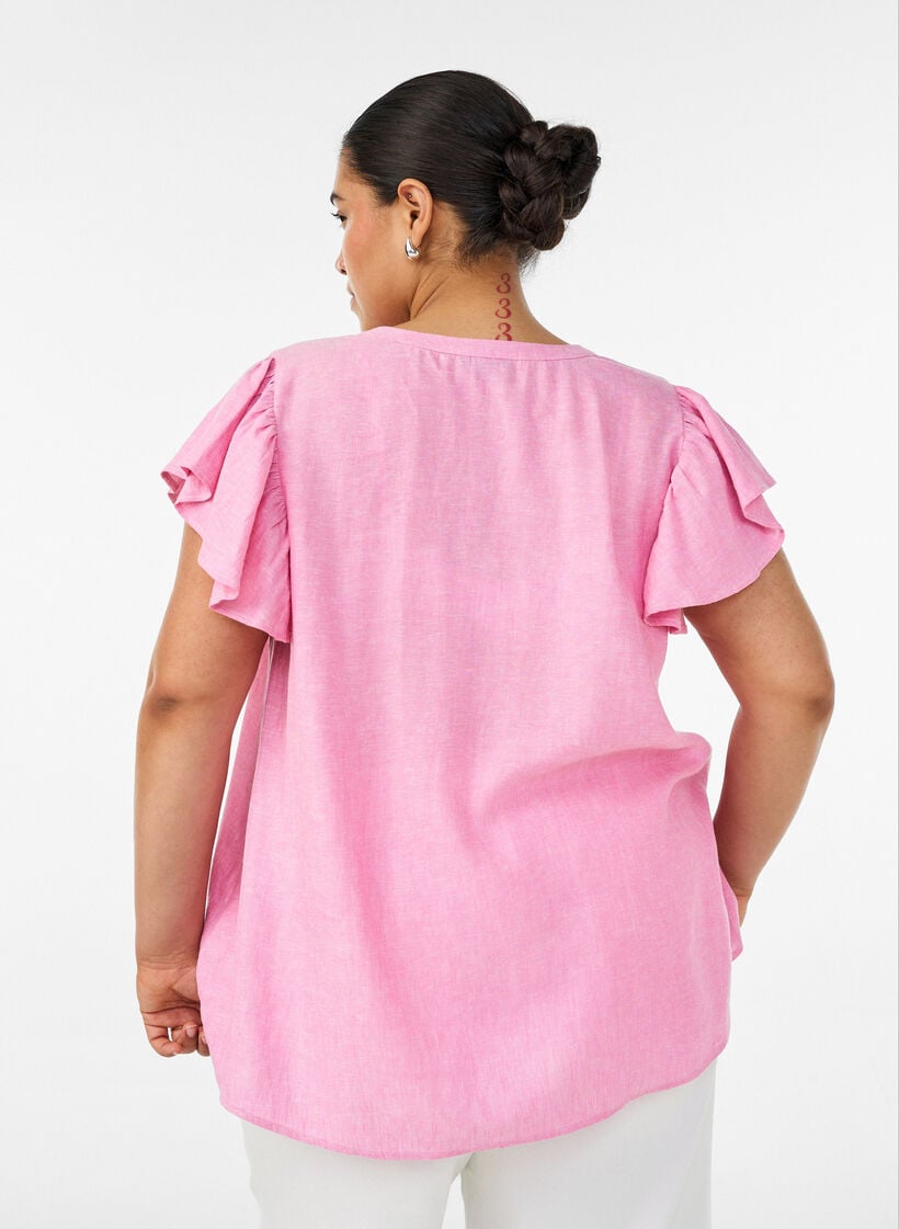 Blus i viskos och linne med volang&auml;rmar, Rosa, Model image number 2