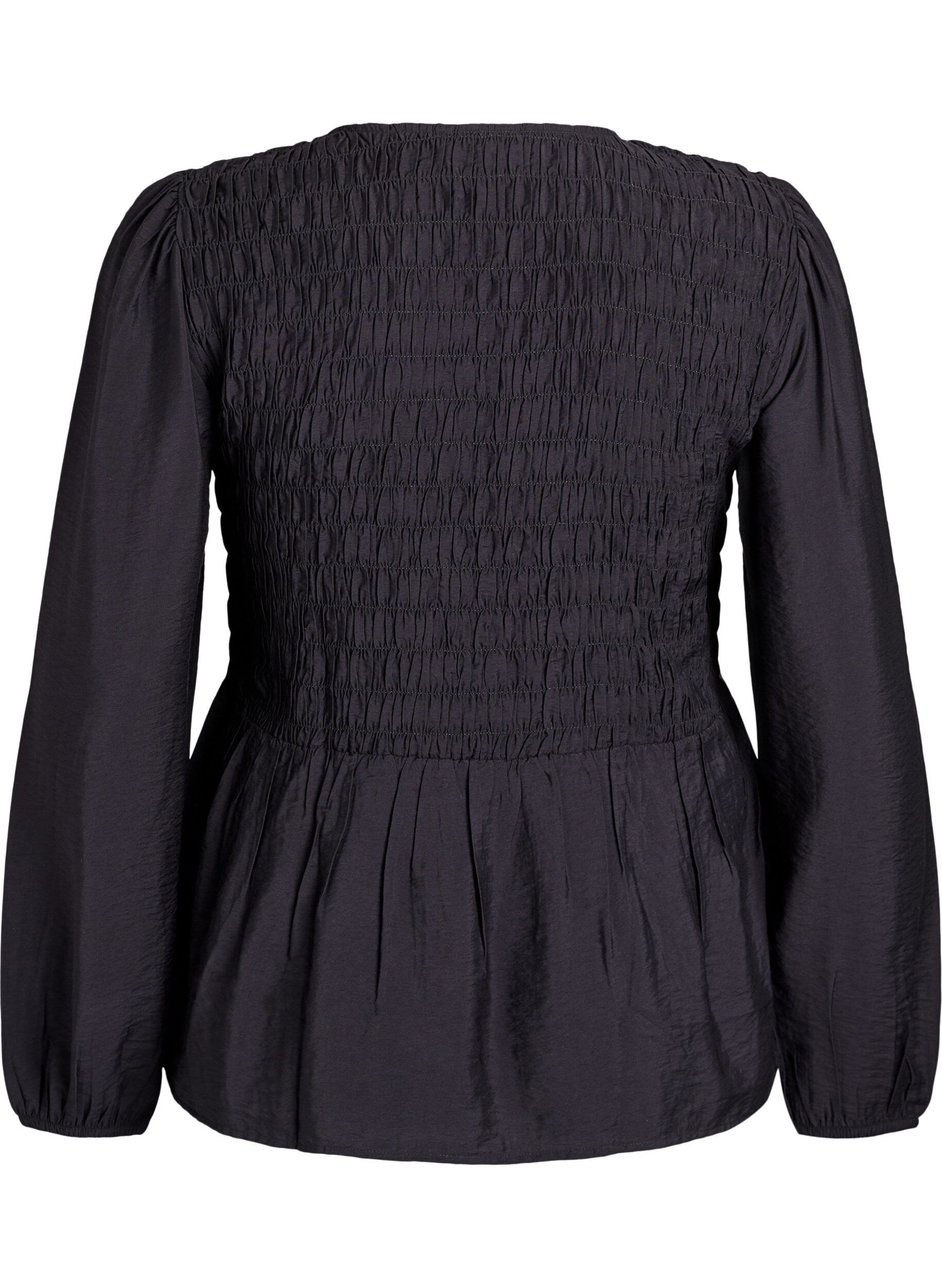 ZizziBlus med smock och l&aring;nga &auml;rmar, Svart, Packshot image number 1