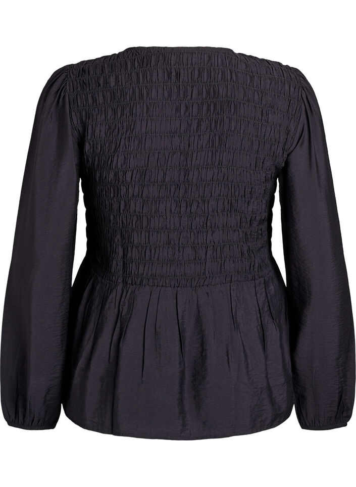Blus med smock och l&aring;nga &auml;rmar, Svart, Packshot image number 1