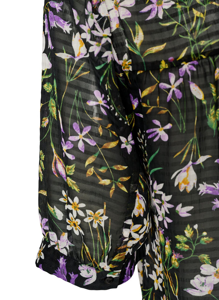 Blus med blommigt m&ouml;nster och v-ringning, Svart, Packshot image number 3
