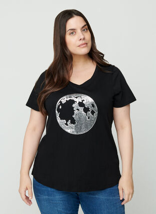T-shirt i bomull med paljetter, Black, Model image number 0