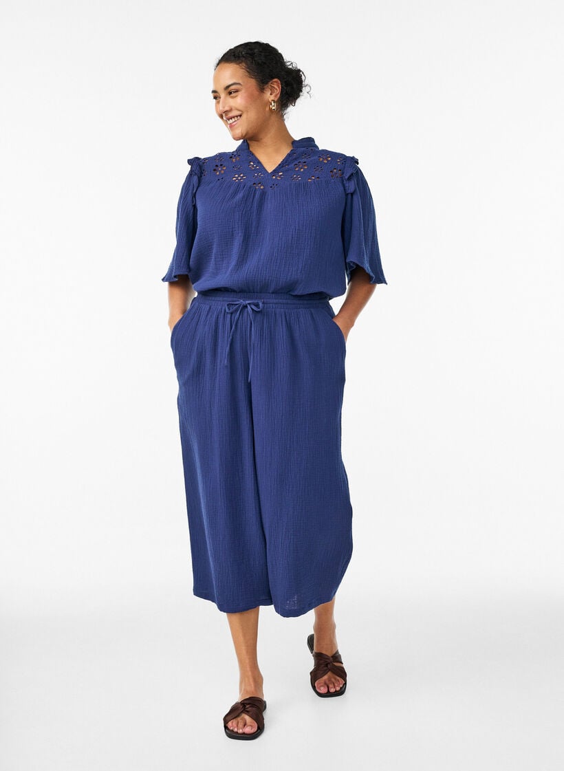 Culotte-byxor i bomullsmuslin med h&ouml;g midja, Bl&aring;, Model image number 0