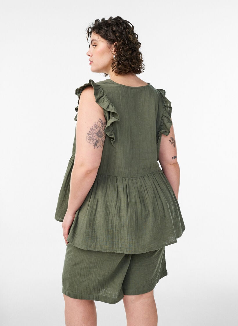 L&ouml;sa shorts i bomullsmuslin med h&ouml;g midja, Gr&ouml;n, Model image number 2