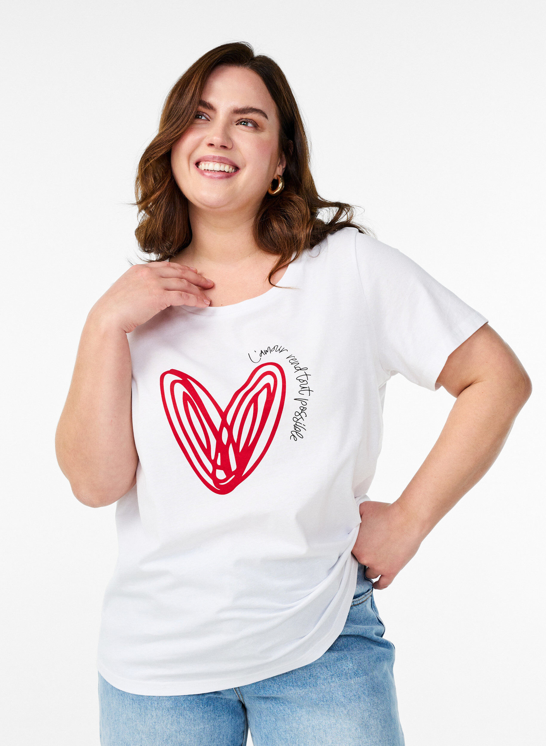 Zizzi T-shirt i bomull med motiv, Bright W. w. Heart, Model image number 0